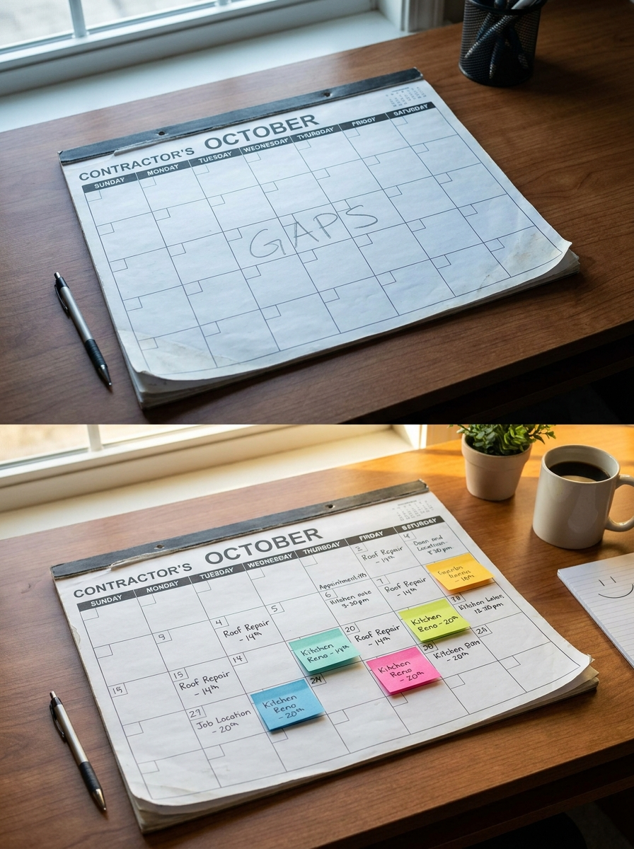 Before and after: an empty contractor calendar labeled GAPS, versus a full calendar with jobs booked