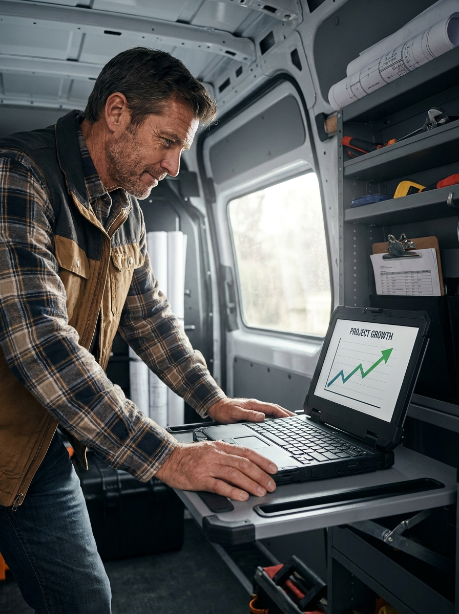Founder working from his van on a jobsite, laptop showing a project growth chart