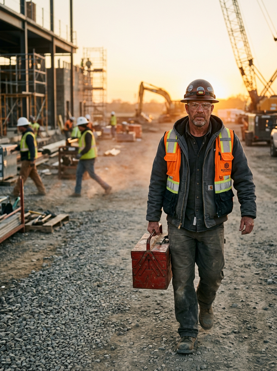 Contractor on a jobsite at sunrise, carrying a toolbox