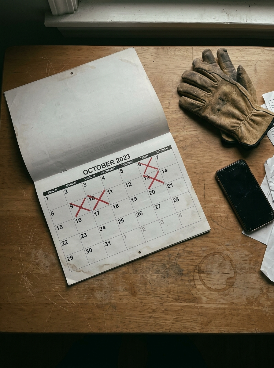 A contractor's calendar with days crossed out in red, next to work gloves and a phone