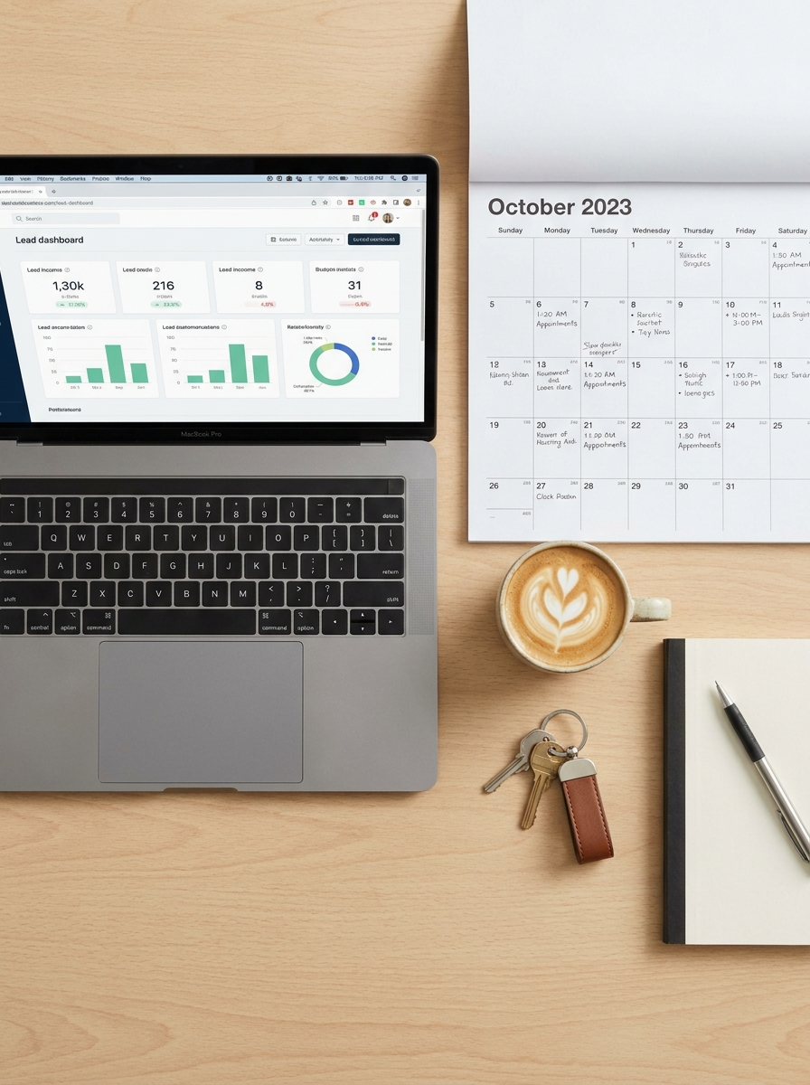 A lead dashboard on a laptop next to a full booking calendar